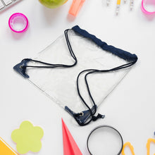 Waterproof plastic pouch with string closure, suitable for travel and sports.