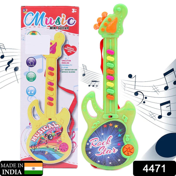 Mini guitar with bright colors, features delightful music