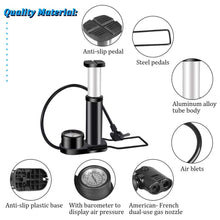 High-pressure foot air pump, portable with gauge, for bicycles and cars.