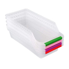 Set of 4 plastic kitchen organizer baskets for better storage and space efficiency.