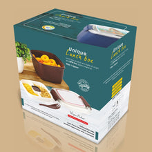 Plastic lunch box with spoon, reusable, freezer safe, BPA-free for food storage.