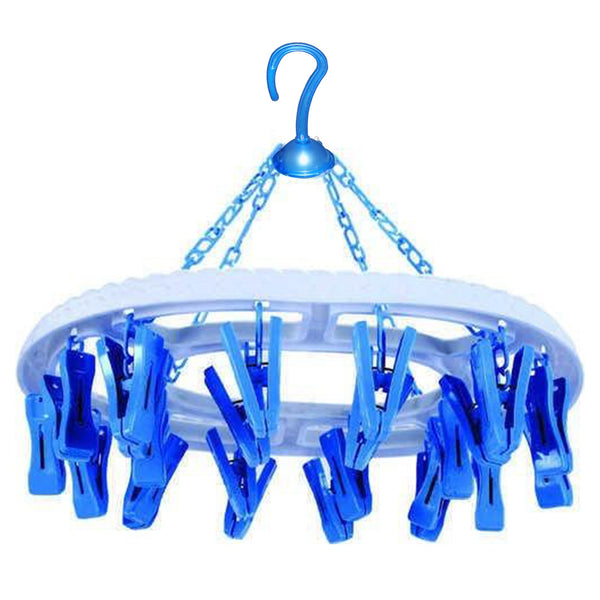 Round plastic cloth drying stand with 18 clips in multicolour.