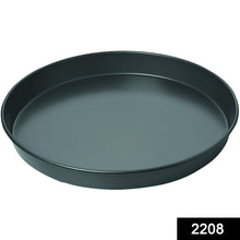 Durable steel pizza tray with non-stick coating.