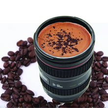 Camera lens mug with lid, designed for coffee or tea