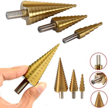 Set of step cone drills with titanium coating for durability.