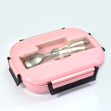 Stainless steel lunch box with three compartments, pink color, includes spoon slot