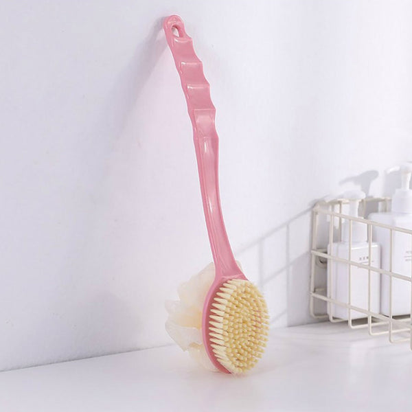 2-in-1 bath brush with long handle for easy use.