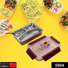 Stainless steel lunch box for kids, includes compartments and utensils.