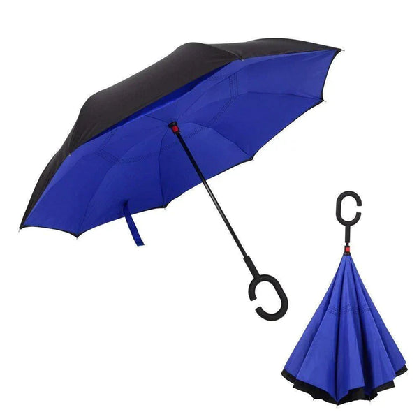 Plain design reverse umbrella with a windproof structure and C-shaped handle.